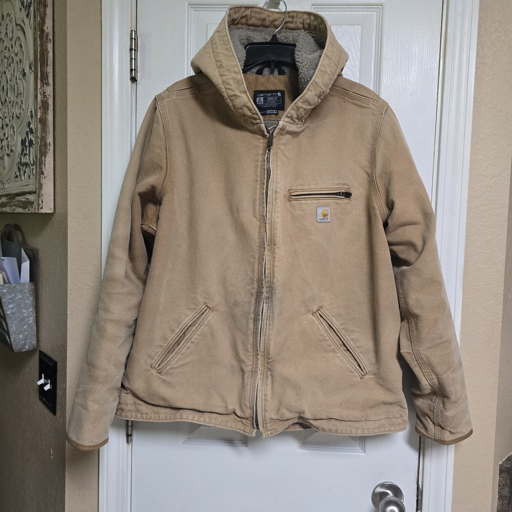 Carhartt Women's Jacket XL Relaxed Sherpa Lined 104292 BRN Hooded Canvas Work